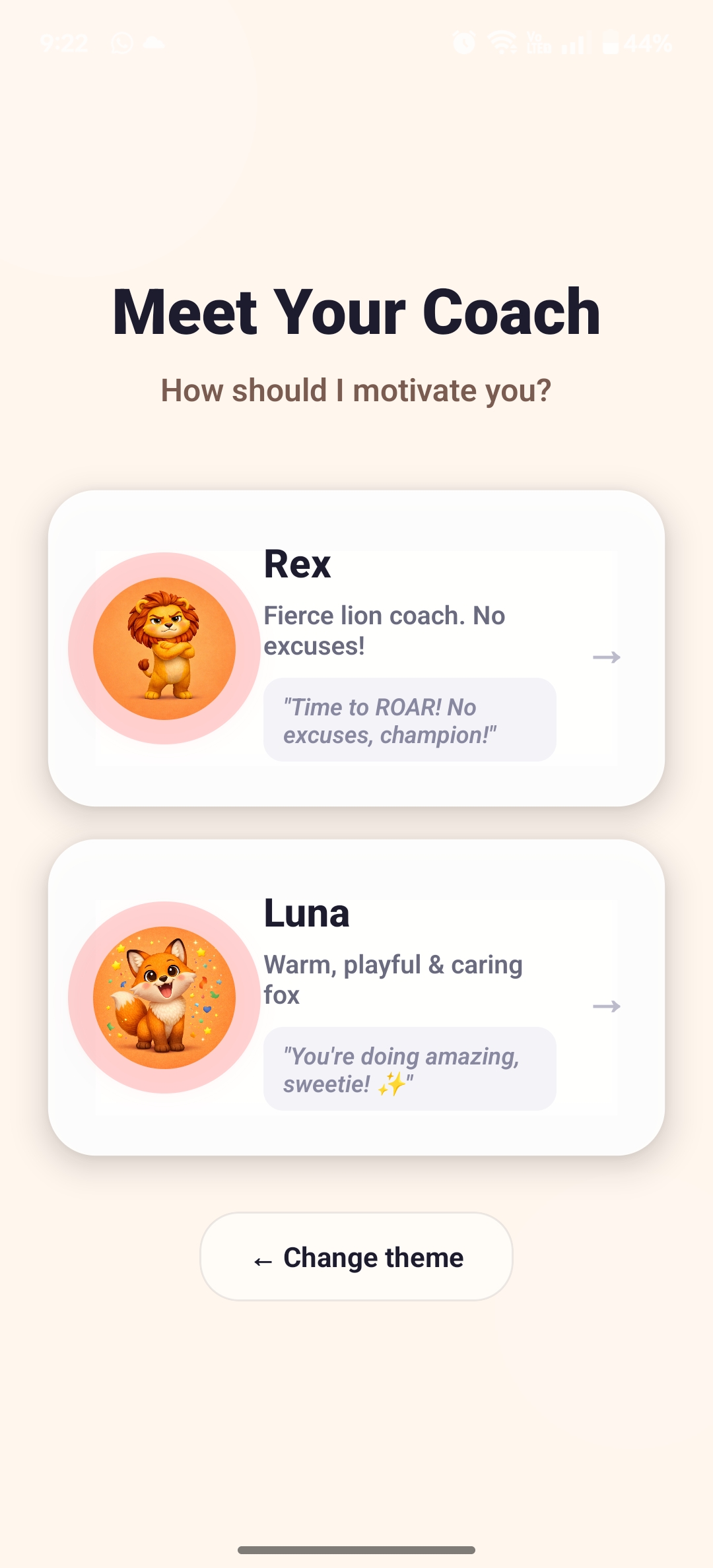 Meet Your Coach, choose between Rex or Luna