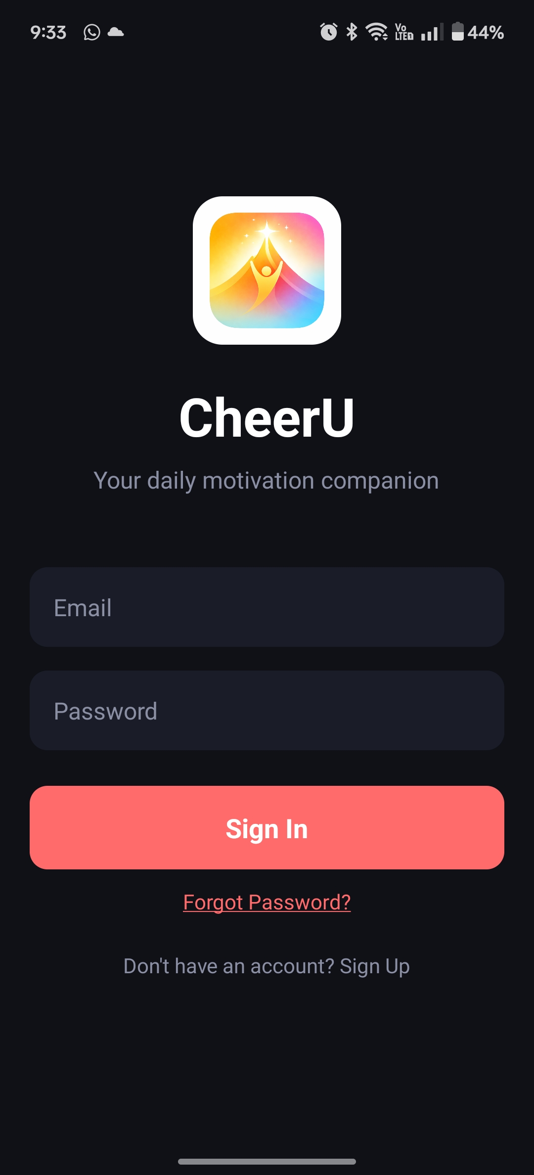 CheerU sign up screen with email and password