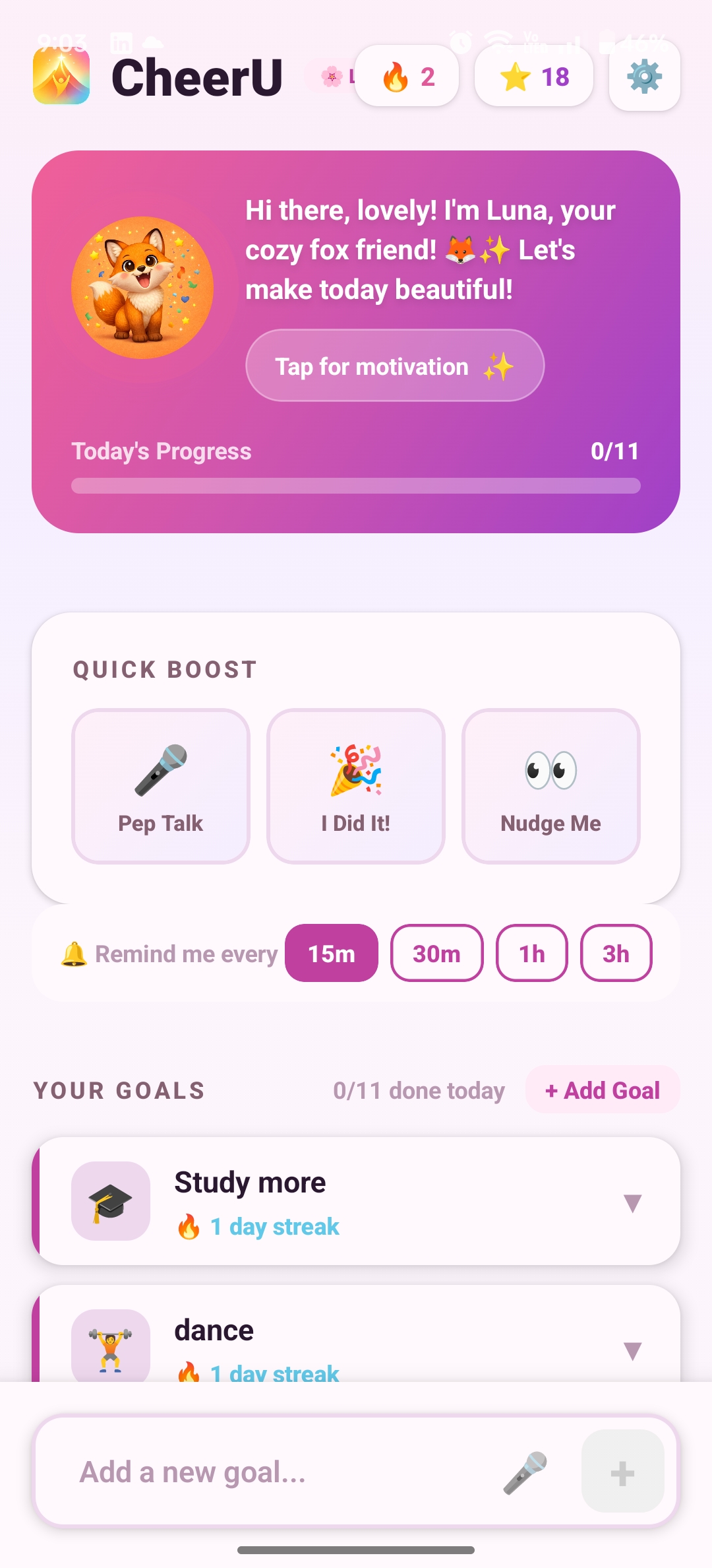 CheerU home screen with Luna greeting